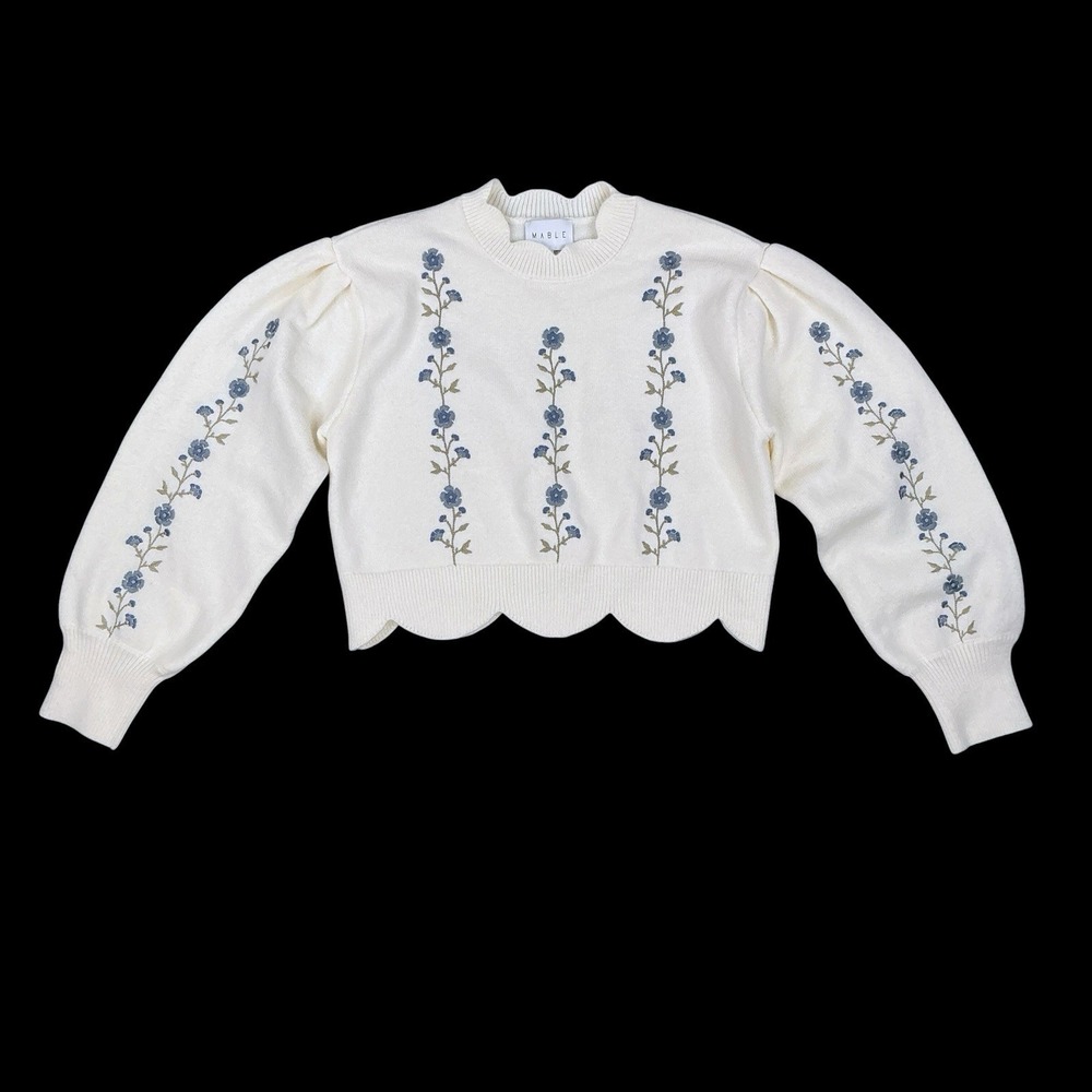 Mable Sweater Women Medium Ivory Floral Scalloped Long Sleeve Cropped Chunky